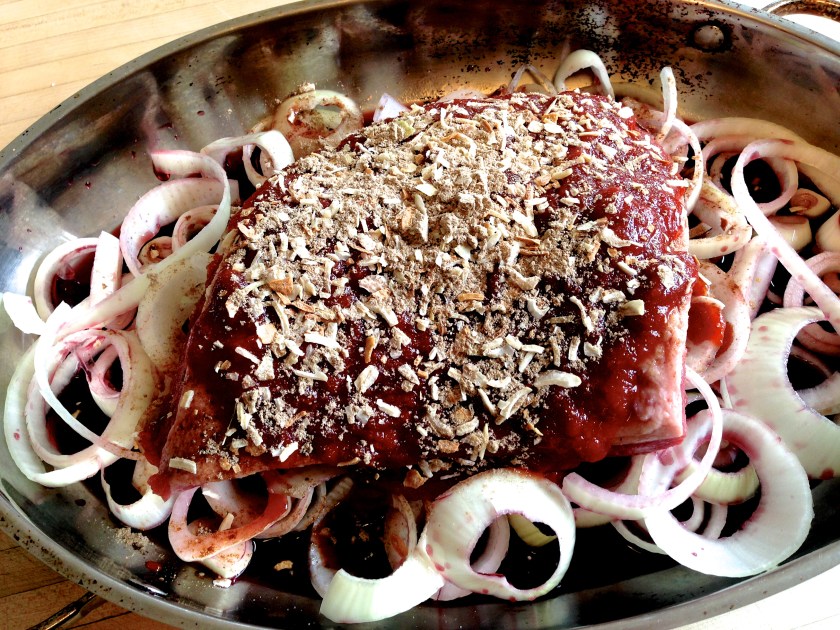 Cover the meat with the red wine, the Heinz Chili Sauce, and the dry onion soup mix.