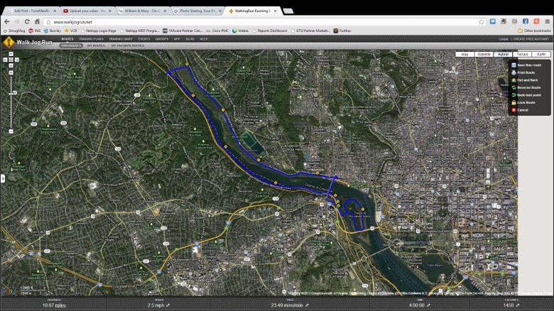 The route as shown on the website WalkJogRun.com comes in at 10 miles (and 1450 calories!)